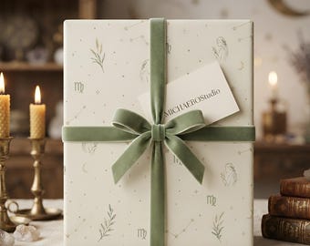 Papel de regalo de Virgo / Constelaciones celestes, elementos botánicos, papel de regalo astrológico