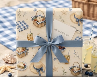 Papel de regalo para picnic en la playa, papel de regalo veraniego costero, estampado de sándwich de sombrero a cuadros