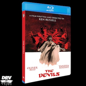 May include: Blu-ray disc case for the film "The Devils." The cover features a red and white design with a central image of a person in a white robe. The title "The Devils" is prominently displayed, along with the names of Oliver Reed and Vanessa Redgrave.