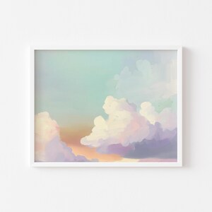 Pastel Cloudscape Print - Soft Billowy Clouds Art, Dreamy Nursery Decor, Subtle Peach Sunrise, Digital Watercolor Artwork Printable