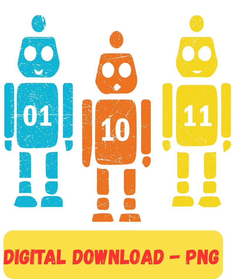 K&ouml;nnte beinhalten: Drei farbige Roboter-Illustrationen in Blau, Orange und Gelb, jede mit einer eindeutigen Nummer: 01, 10 und 11. Die Roboter haben ein abgenutztes, strukturiertes Aussehen. Ein gelbes Banner unten zeigt "DIGITALER DOWNLOAD - PNG".