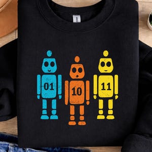 K&ouml;nnte beinhalten: Schwarzes Sweatshirt mit drei Roboter-Designs in Blau, Orange und Gelb. Jeder Roboter tr&auml;gt eine Nummer: 01, 10 und 11. Das Design ist einfach und auff&auml;llig, mit einem Retro-Look. Geeignet f&uuml;r Kinder und Roboter-Fans.