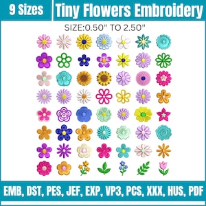 May include: A selection of embroidered tiny flower designs in various colours, including pink, yellow, blue, and purple. The image displays 9 sizes, ranging from 1.27 cm to 6.35 cm. The designs are suitable for embroidery projects. The image also lists file formats.