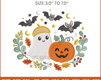 Wzór haftu "Duch Dynia", dekoracja jesienna w kształcie nietoperzy na Halloween, 9 rozmiarów, 3-7 cali (pobranie cyfrowe)