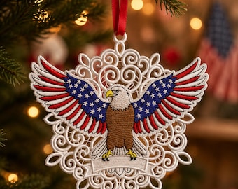 American Eagle FSL Embroidery Design, Patriotic Bald Eagle Lace Ornament, USA Decor, Free Standing Lace, Pes Dst Jef Instant Download