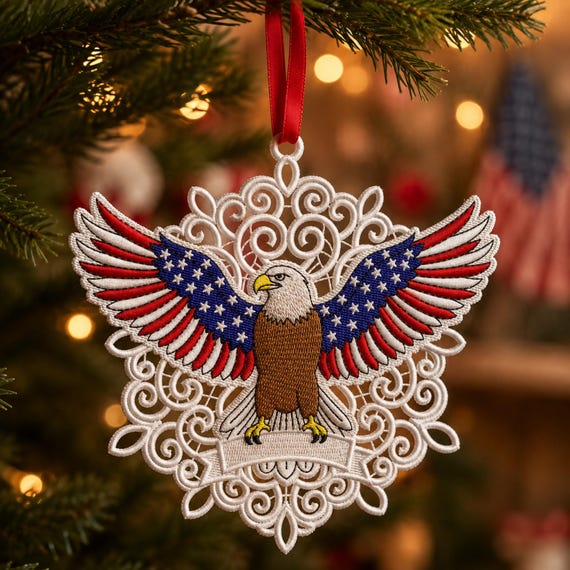 American Eagle FSL Embroidery Design, Patriotic Bald Eagle Lace Ornament, USA Decor, Free Standing Lace, Pes Dst Jef Instant Download