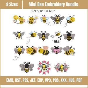 Könnte beinhalten: Eine digitale Stickmuster-Kollektion mit dem Titel Mini Bee Embroidery Bundle, erhältlich in 9 Größen von 5,08 cm bis 15,24 cm. Das Set enthält verschiedene gelb-schwarze Bienenillustrationen, teilweise mit Blumen, Schleifen oder Herzen, sowie den Text BEE.