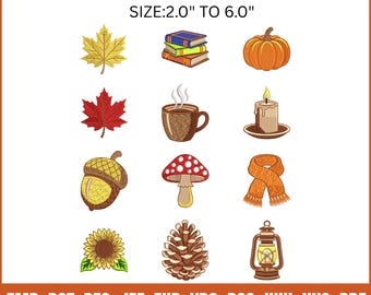 Cozy Autumn Embroidery Bundle, 12 Fall Mini Icon Embroidery Designs, Pumpkin Mushroom Maple Leaf Coffee Candle, 9 Sizes(Digital Download)