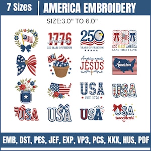 May include: A collection of patriotic embroidery designs with the text "AMERICA EMBROIDERY". Designs include flags, the USA map, the number 250, and the text "USA". The size ranges from 3.0" to 6.0".
