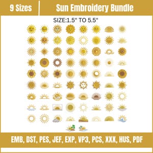 Puede incluir: Un paquete digital de bordado Sun Embroidery Bundle con 9 tamaños que van de 3,8 cm a 14 cm. La colección incluye varios iconos de sol, rayos y diseños de horizonte en amarillo y dorado en formatos EMB, DST, PES y PDF.