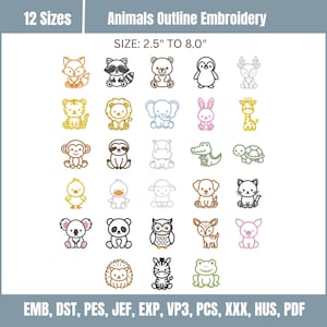 May include: A digital collection of Animals Outline Embroidery designs featuring 26 distinct creatures in various colors. The text reads 12 Sizes, Animals Outline Embroidery, SIZE: 2.5" TO 8.0", and file formats EMB, DST, PES, JEF, EXP, VP3, PCS, XXX, HUS, PDF.