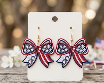 USA Bow FSL Earrings Embroidery Design, Patriotic 4th July Lace Jewelry,(Digital Download)