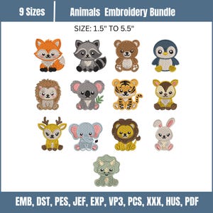 Puede incluir: Un paquete de bordado de animales con 13 diseños distintos que incluyen zorro, mapache, oso, pingüino, erizo, koala, tigre, ciervo, elefante, león, conejo y triceratops. El texto dice 9 tamaños, Animals Embroidery Bundle, tamaño de 3,8 cm a 14 cm, EMB, DST, PES, JEF, EXP, VP3, PCS, XXX, HUS, PDF.