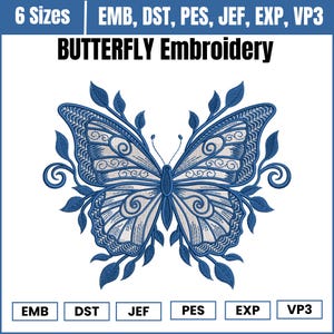 Blue Floral Butterfly Embroidery File – 6 Sizes, Digital Machine Stitch Design
