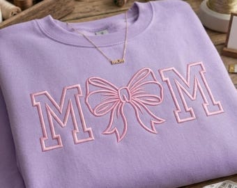 Mom Embroidery Design, Pink Bow Applique, Coquette Style, Digital Download