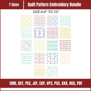 May include: A digital quilt pattern embroidery bundle featuring 17 distinct line art designs in yellow, red, and blue. The text reads 7 Sizes, Quilt Pattern Embroidery Bundle, SIZE: 4.0" TO 7.0", and file formats EMB, DST, PES, JEF, EXP, VP3, PCS, XXX, HUS, PDF.
