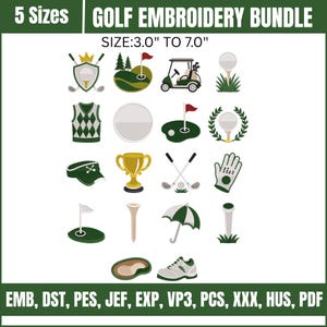 Op de afbeelding: Een verzameling golf-thema borduurontwerpen. De afbeelding bevat verschillende iconen zoals golfballen, vlaggen, een golfkar, een trofee en een golfschoen. De tekst luidt "GOLF EMBROIDERY BUNDLE" en "MAAT: 7,6 cm TOT 17,8 cm".