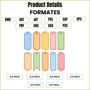 May include: A collection of colorful, decorative tags in various shapes and patterns. The tags are in shades of blue, orange, yellow, pink, and green, with sizes ranging from 4.0" to 9.0" inches. The image also includes text indicating product details and formats.