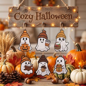 Może przedstawiać: Drewniany szyld z napisem Cozy Halloween zawieszony nad sześcioma haftowanymi ozdobami w kształcie duch&oacute;w. Każdy biały duch ma na sobie dzianinową czapkę w innym kolorze i trzyma przedmiot: dynię, kubek kawy, koszyk z jabłkami, książkę, żołądź lub świecę.