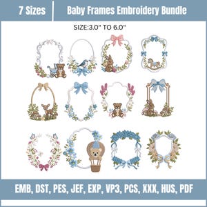 Może przedstawiać: Cyfrowy zestaw wzorów hafciarskich o nazwie Baby Frames Embroidery Bundle, zawierający 12 ozdobnych ramek z motywami takimi jak misie, króliki, jelenie i wieńce kwiatowe. Wzory mają wymiary od 7,6 cm do 15,2 cm.