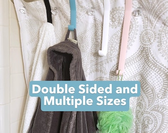 Shower curtain rod hook, Dual-Sided Hanger, modern flowing designed bath decor. Long and Short hook for a towel, bathrobe and scrubby.