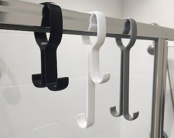 Over Framed or Semi-Framed Shower Glass Wall or Door Hook, Dual-Sided Hangers, Modern Design, Long, Short and Custom sizes and widths.