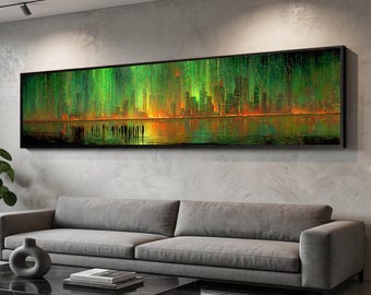 Long Narrow, Futuristic Cityscape Canvas, Neon Digital Rain Wall Art, Abstract Urban Skyline Canvas, Modern City Lights Artwork, Vibrant Hom
