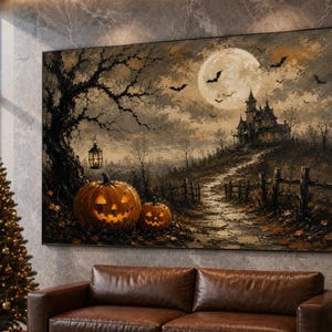 May include: A rectangular wall art print depicting a dark Halloween scene with two glowing jack-o'-lanterns in the foreground, a winding path leading to a haunted house on a hill, a large full moon, and flying bats under a cloudy night sky.