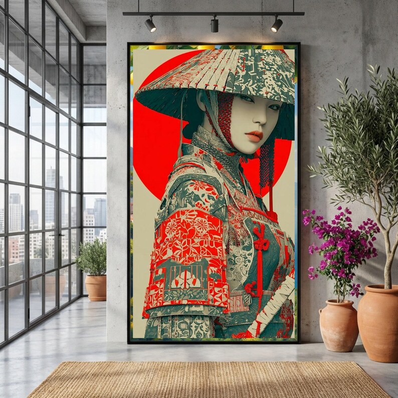 Elegant Samurai Woman Canvas, Japanese Armor Wall Art, Oriental Warrior Portrait, Traditional Armor Canvas, Red Circle Background Decoration image 3