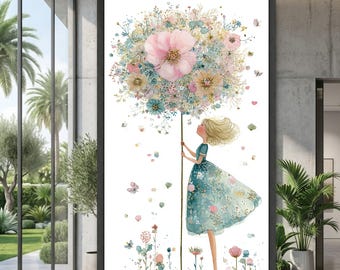 Whimsical Girl with Floral Balloon Canvas, Dreamy Flower Bouquet Wall Art, Pastel Garden Scene Canvas, Charming Home Decoration