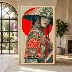 Elegant Samurai Woman Canvas, Japanese Armor Wall Art, Oriental Warrior Portrait, Traditional Armor Canvas, Red Circle Background Decoration image 7