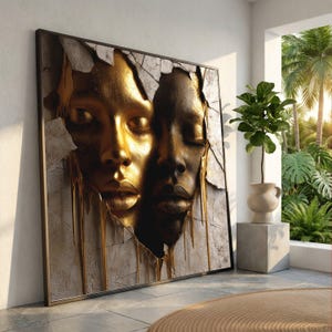 Golden Faces Abstract, Melting Wall Canvas, Modern Art Portrait, Contemporary Home Decor, Dramatic Gold and Black Artwork