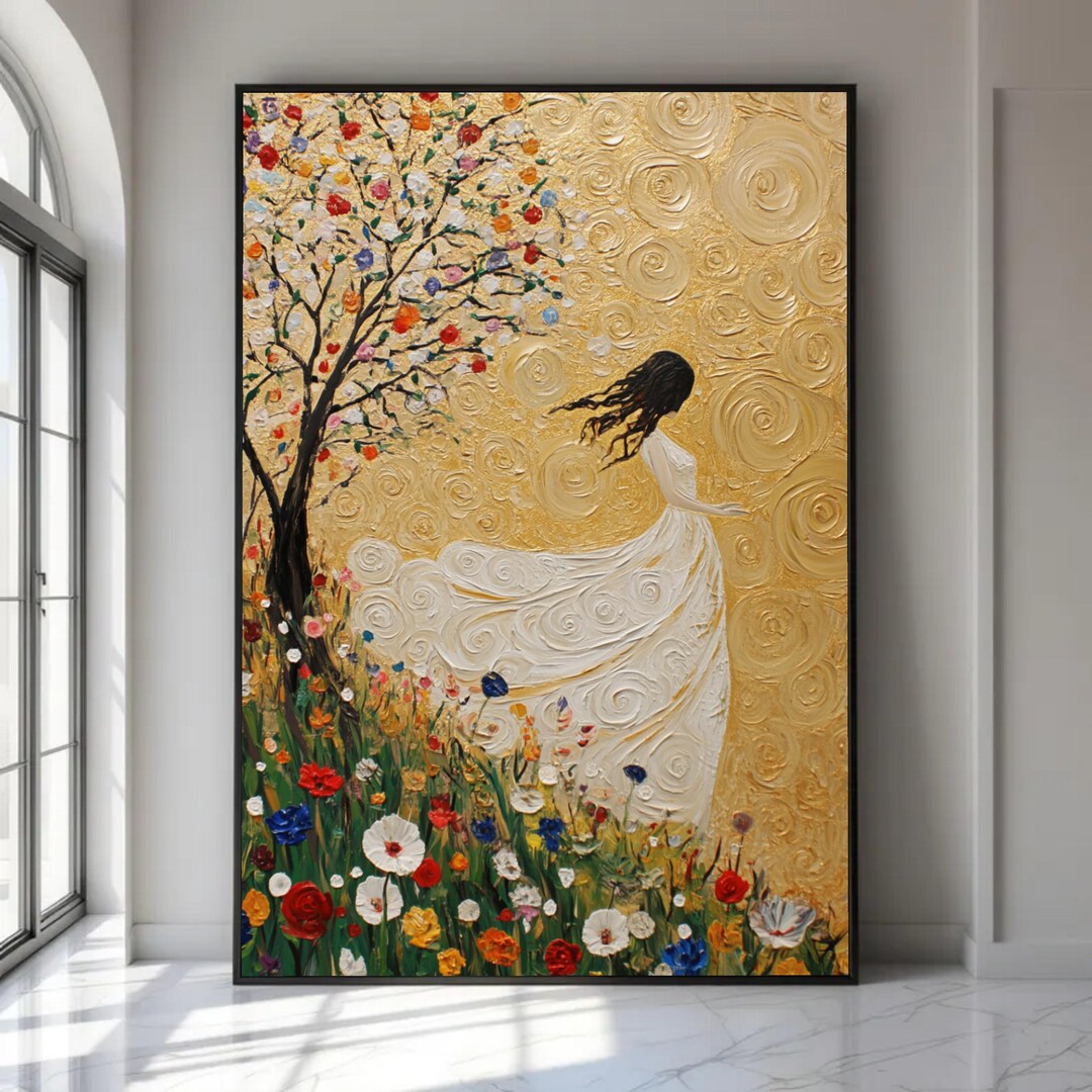 Gustav Klimt Woman in White Dress Canvas, Floral Meadow Wall Art ...