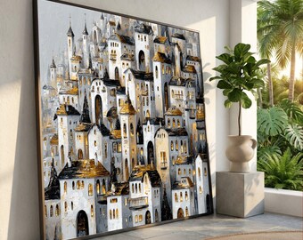 Golden Roof Village Canvas, Illuminated Mediterranean Homes Wall Art, Architectural Landscape Canvas, Cozy Townscape Decoration