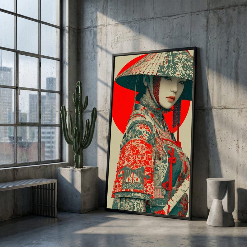 Elegant Samurai Woman Canvas, Japanese Armor Wall Art, Oriental Warrior Portrait, Traditional Armor Canvas, Red Circle Background Decoration image 2