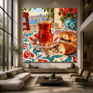 Lienzo con escena de té turco, arte mural tradicional de taza de té, decoración de mesa de pan simit, lienzo con estampado de cerámica colorida, decoración acogedora para el hogar.