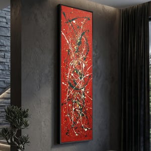 Dynamische rote abstrakte Leinwand, moderne Splatter-Wandkunst, mutiges expressionistisches Design, zeitgenössische Innendekoration, lebendige Leinwandkunst
