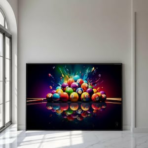 May include: A framed print featuring a vibrant illustration of a rack of billiard balls. The balls are a mix of colors, with numbers visible on some. The artwork has a dark background with colorful splashes and reflections, creating a dynamic visual.