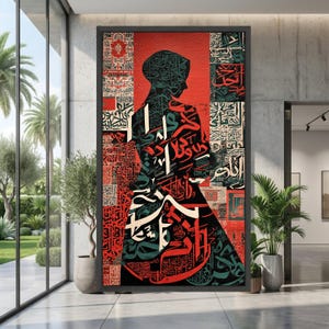 Abstract Silhouette with Arabic Calligraphy Canvas Wall Art, Middle Eastern Script Design, Red and Black Modern Decorative Canvas, Cultural
