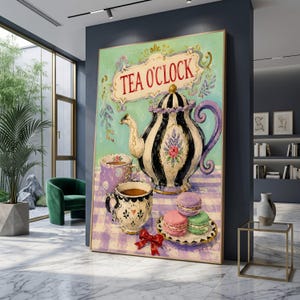 Väggkonst för vintagete, blommig tekanna och tekoppar, pastellfärgad macarons-dekor, nyckfull köksduk, rustik illustration för tebjudning