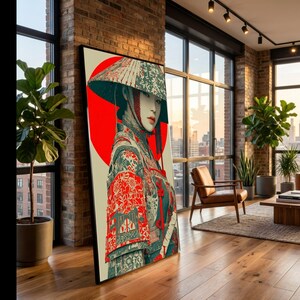 Elegant Samurai Woman Canvas, Japanese Armor Wall Art, Oriental Warrior Portrait, Traditional Armor Canvas, Red Circle Background Decoration image 5