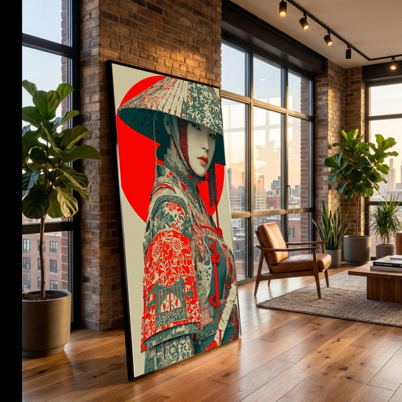 Elegant Samurai Woman Canvas, Japanese Armor Wall Art, Oriental Warrior Portrait, Traditional Armor Canvas, Red Circle Background Decoration image 5