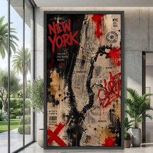 Quadro su tela con mappa di New York, decorazione urbana in stile street, Manhattan, Queens, Brooklyn, paesaggio urbano da appendere al muro, decorazione moderna per la casa.