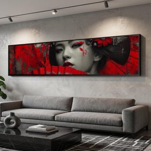 May include: A rectangular wall art print featuring a close-up portrait of a person with dark hair, red lipstick, and red eye makeup. The person holds a red folding fan near their face. The background is a vibrant, textured mix of deep red and black.