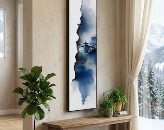 Long Narrow, Blue Mountain Temple Scene Canvas, Asian Architecture Wall Art, Misty Landscape Canvas, Oriental Decor, Modern Home Decoration