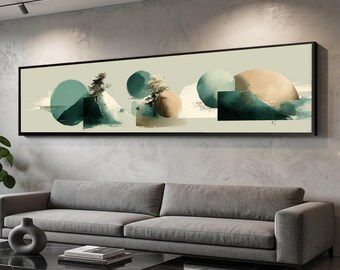 Long Narrow, Modern Geometric Landscape Canvas, Abstract Nature Wall Art, Blue Green and Beige Circles, Minimalist Tree Silhouettes, Contemp
