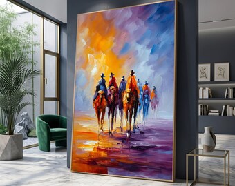 Vibrant Desert Caravan Canvas, Horse Rider Wall Art, Western Scene Colorful Cowboy Canvas, Modern Rustic Home Decor