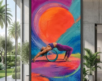 Vibrant Yoga Stretch Canvas, Woman Fitness Pose Wall Art, Colorful Abstract Background, Wellness and Balance Canvas, Home Gym Decor
