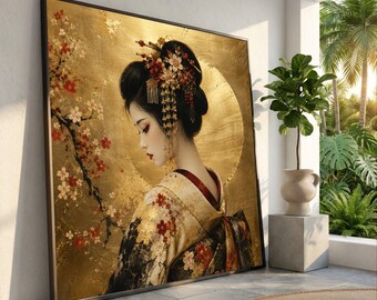 Elegant Geisha Portrait Canvas, Traditional Japanese Woman, Cherry Blossom Wall Art, Golden Background Decor, Asian Culture Canvas