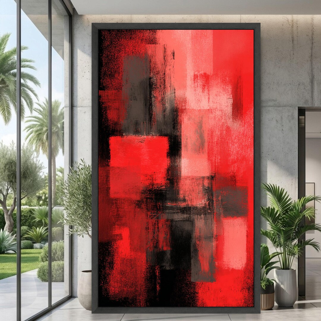 Bold Red and Black Abstract Canvas, Modern Geometric Wall Art ...